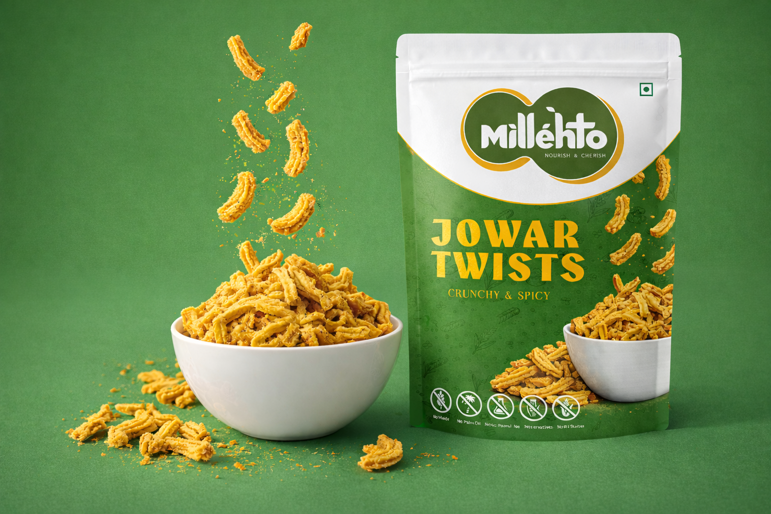 Millehto Jowar Twists packaging with snacks spilling out on a green background